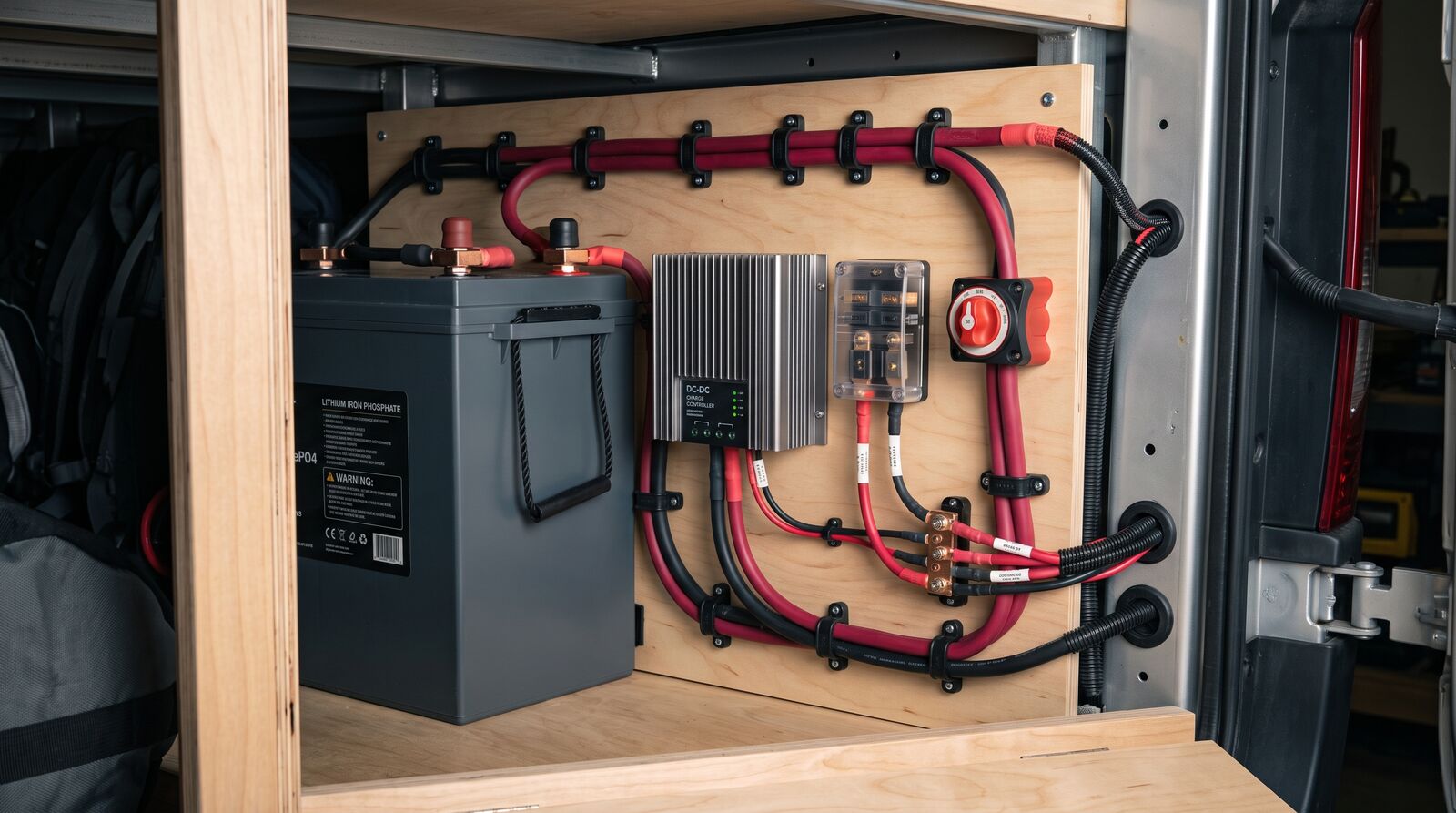 Aufgeräumte Bordbatterie-Installation mit Lithiumbatterie, Laderegler und Sicherungen im Wohnmobil