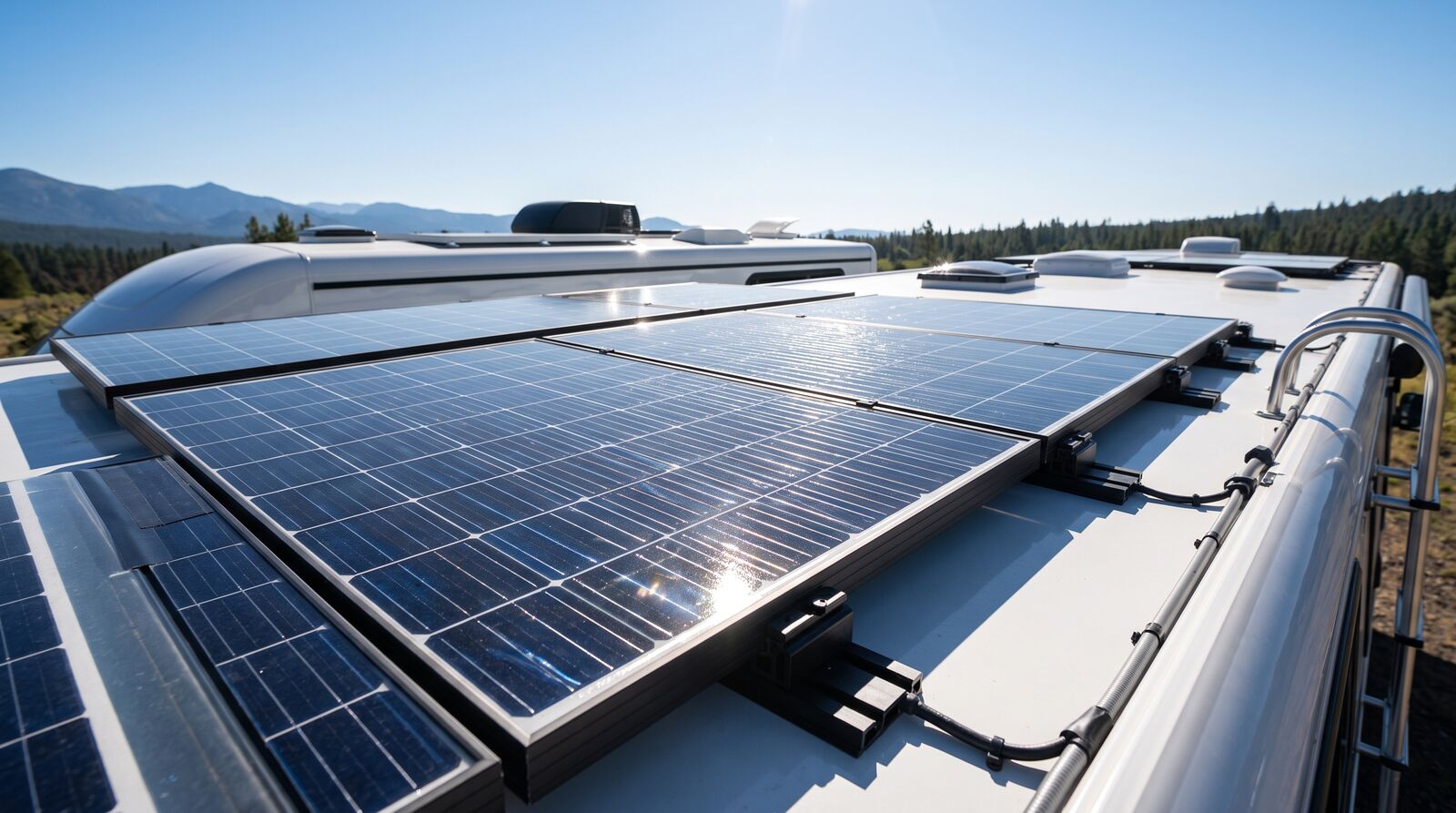 Solarmodule auf dem Dach eines Wohnmobils unter blauem Himmel