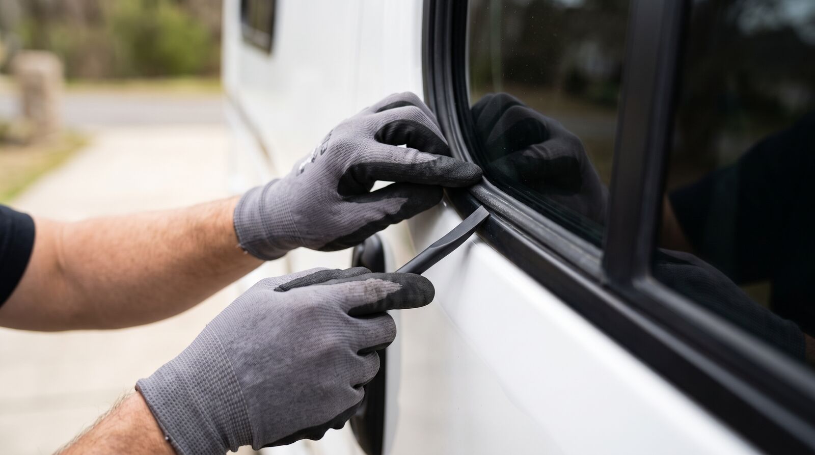 Wartung am Wohnmobil: Hände prüfen die Dichtungen am Aufbau