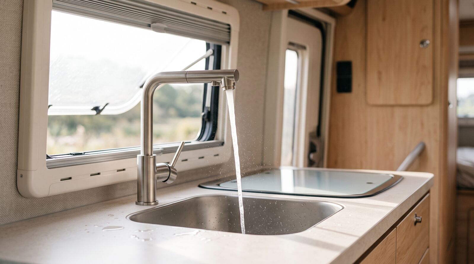 Moderne Campingküche mit Edelstahlarmatur und fließendem Frischwasser